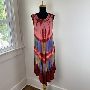 Vintage India Viscose Rayon Tie-Dye Embroidered Midi Dress | Boho Festival Swing